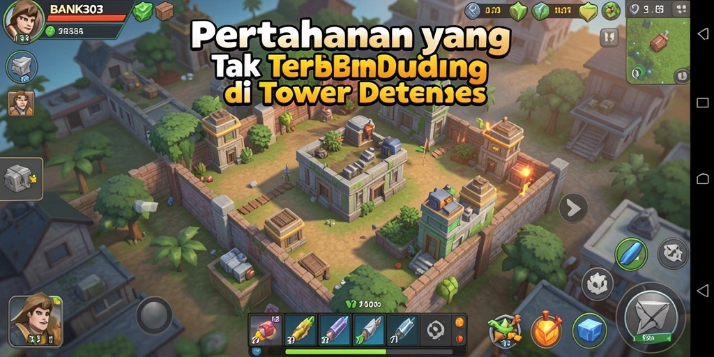 Screenshot gameplay BANK303 menampilkan pertahanan strategis di Tower Defense.